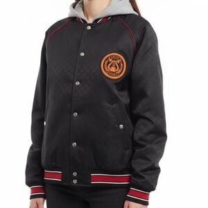 Gucci Black Acetate Bomber Jacket with Detachable Grey Hood and Lyre Patch